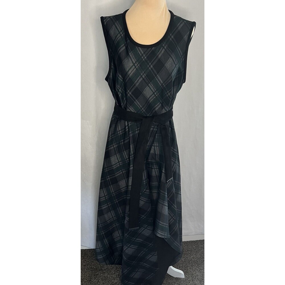 DKNY Plaid Sleeveless Dress w/ Belt – Green/Black – Asymmetrical Hem 12